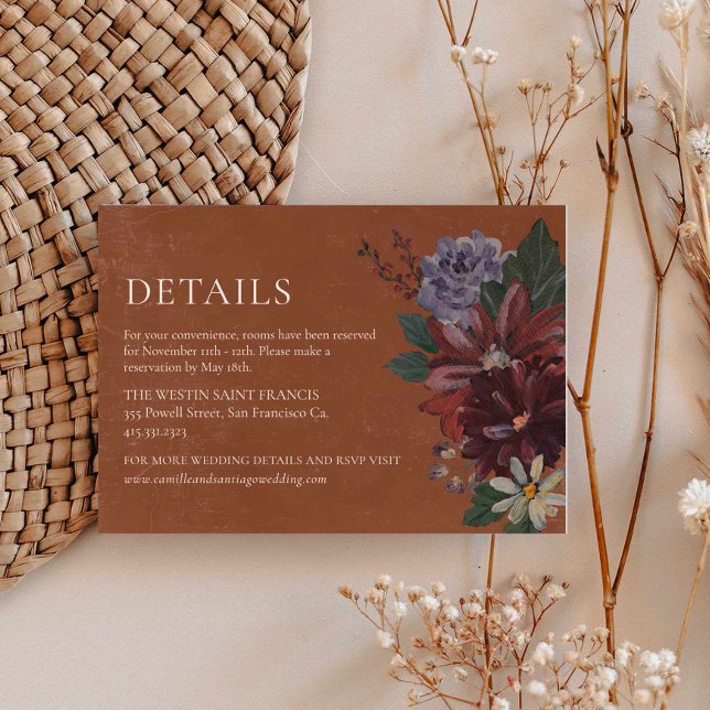 Terracotta Moody Floral Wedding Details Karte (Terracotta Moody Floral Fall Details Wedding Card)