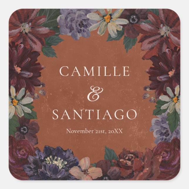 Terracotta Moody Floral Wedding Stickers (Vorderseite)