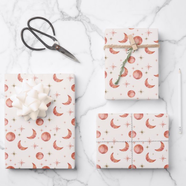 Terracotta Moon and Stars Wrapping Paper Sheets Geschenkpapier Set (Vorderseite)