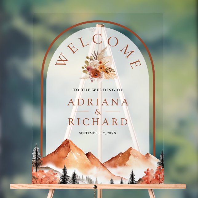 Terracotta Mountain Forest Arch Hochzeit Willkomme Acrylschild (Neutral)