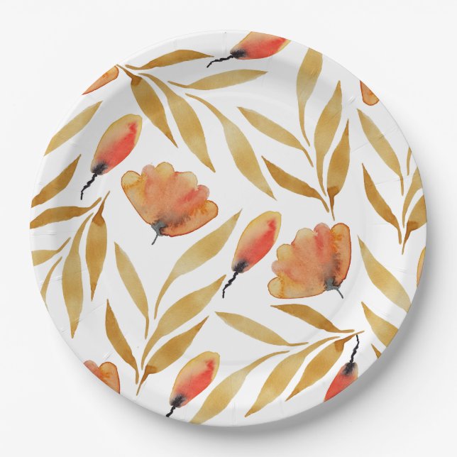 Terracotta Mustard Yellow Floral Pappteller (Vorderseite)