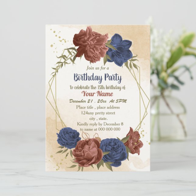 Terracotta navy blauen Blumengrün Geburtstag Einladung (Stehend Vorderseite)