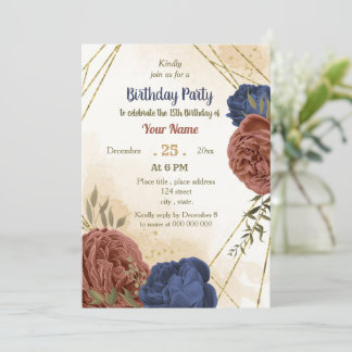 Terracotta navy blauen Blumengrün Geburtstag Einladung