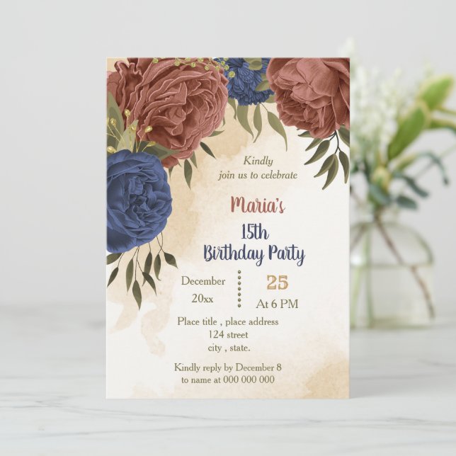 Terracotta navy blauen Blumengrün Geburtstag Einladung (Stehend Vorderseite)
