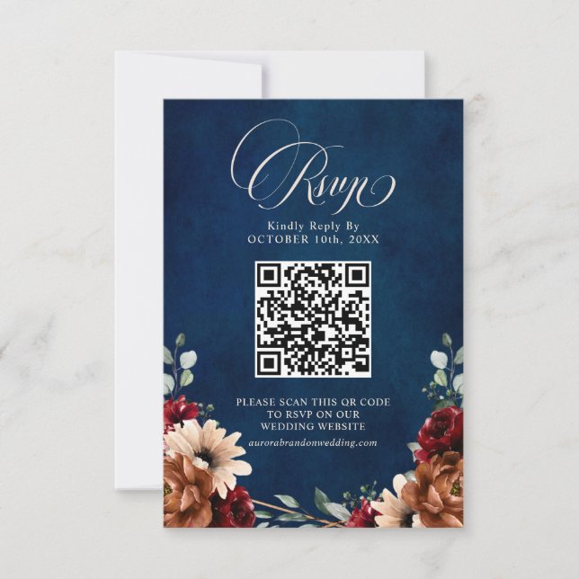 Terracotta Navy Blue Burgundy Geometric QR Code RSVP Karte (Vorderseite)