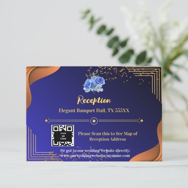 Terracotta Navy Blue Elegante Empfang RSVP Karte (Stehend Vorderseite)