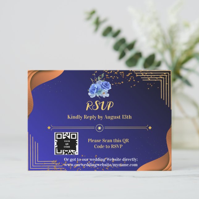 Terracotta Navy Blue Elegante RSVP Karte (Stehend Vorderseite)