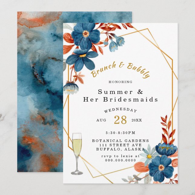 Terracotta Navy Blue Floral Brunch und Bubbly Einladung (Vorne/Hinten)