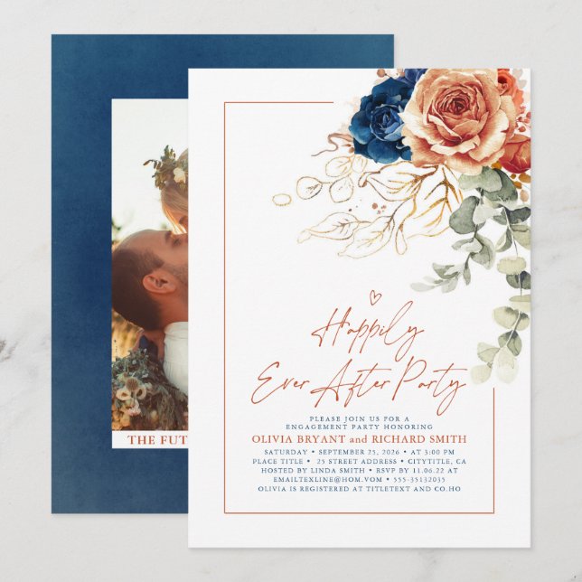 Terracotta & Navy Blue Floral Engagement Party Einladung (Vorne/Hinten)