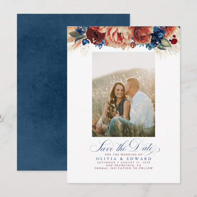 Terracotta Navy Blue Floral Save the Date Foto (Vorne/Hinten)