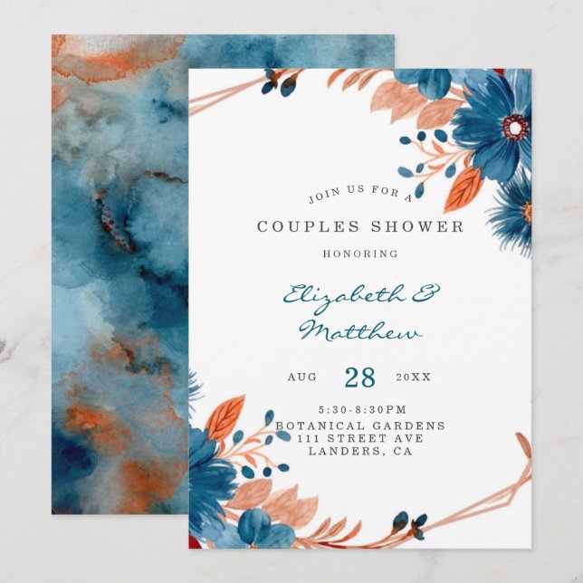 Terracotta Navy Blue Florals Paare Dusche Einladung (Vorne/Hinten)