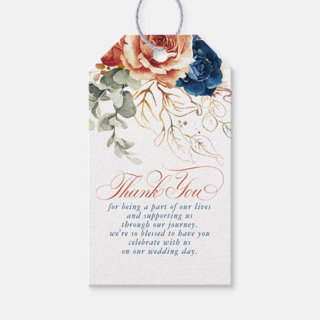 Terracotta Navy Blue Flowers Boho Vielen Dank Geschenkanhänger (Vorderseite)