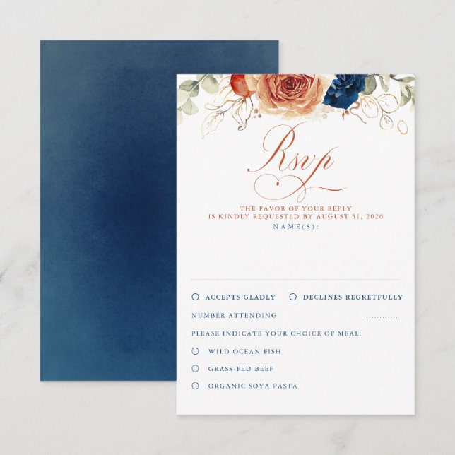Terracotta Navy Blue Flowers Wedding RSVP (Vorne/Hinten)