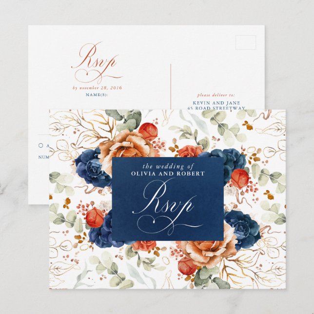 Terracotta Navy Blue Flowers Wedding RSVP Postkarte (Vorne/Hinten)