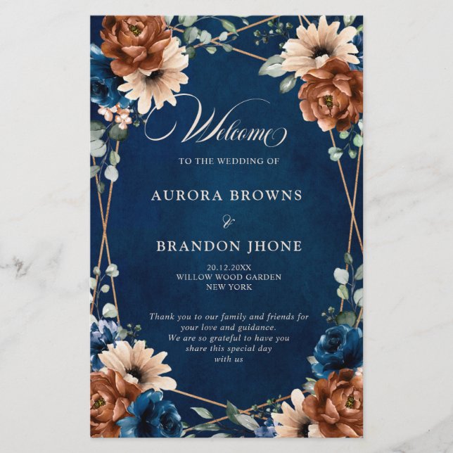 Terracotta Navy Blue Geometric Wedding Program (Vorderseite)