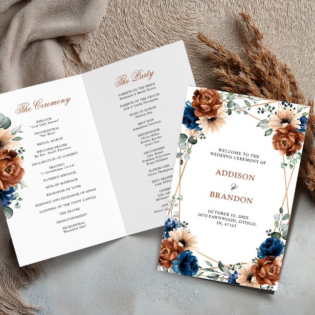 Terracotta Navy Blue Geometric Wedding Program (Terracotta Navy Blue Geometric folded Wedding Program)