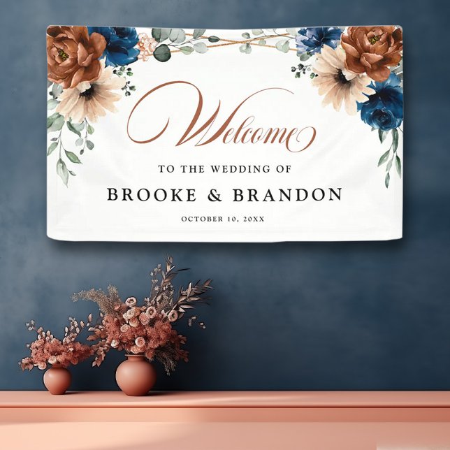 Terracotta Navy Blue Geometric Wedding Willkommen Banner (Wedding welcome banner with terracotta and navy flowers)