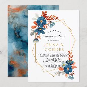 Terracotta Navy Blue Gold Flor Engagement Party Einladung