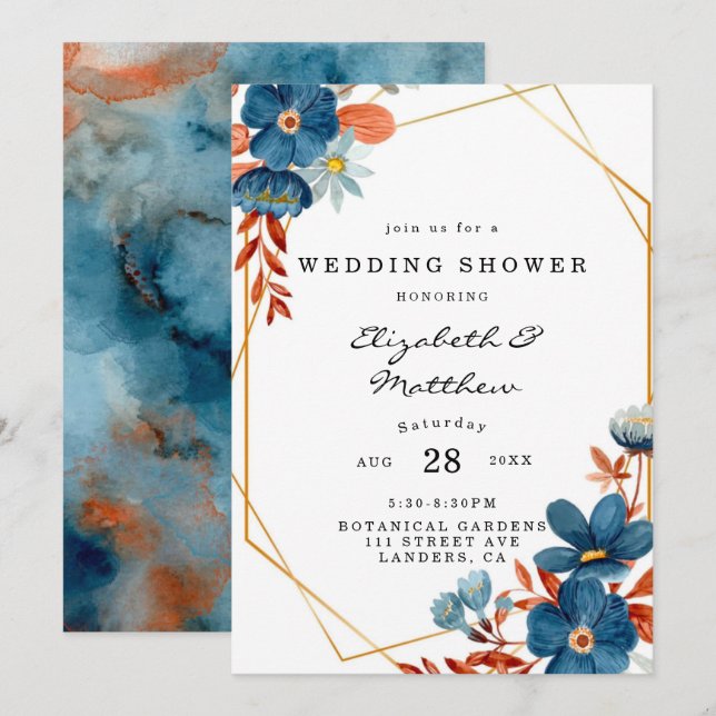 Terracotta Navy Blue Gold Floral Polterabend Einladung (Vorne/Hinten)