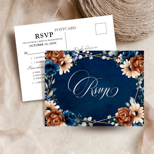 Terracotta Navy Blue Greenery Geometric UAWG Postc Postkarte (Terracotta Navy Blue Greenery Geometric Wedding RSVP Postcard)
