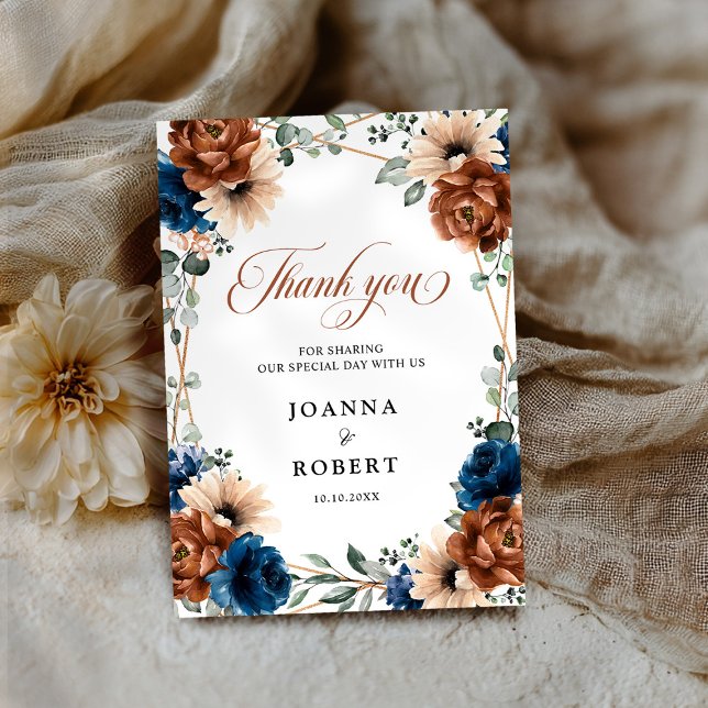 Terracotta Navy Blue Greenery Geometric Wedding Dankeskarte (Terracotta Navy Blue Greenery Geometric Wedding Thank You Card)