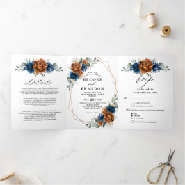 Terracotta Navy Blue Greenery Geometric Wedding Dreifach-gefaltete Programmkarte