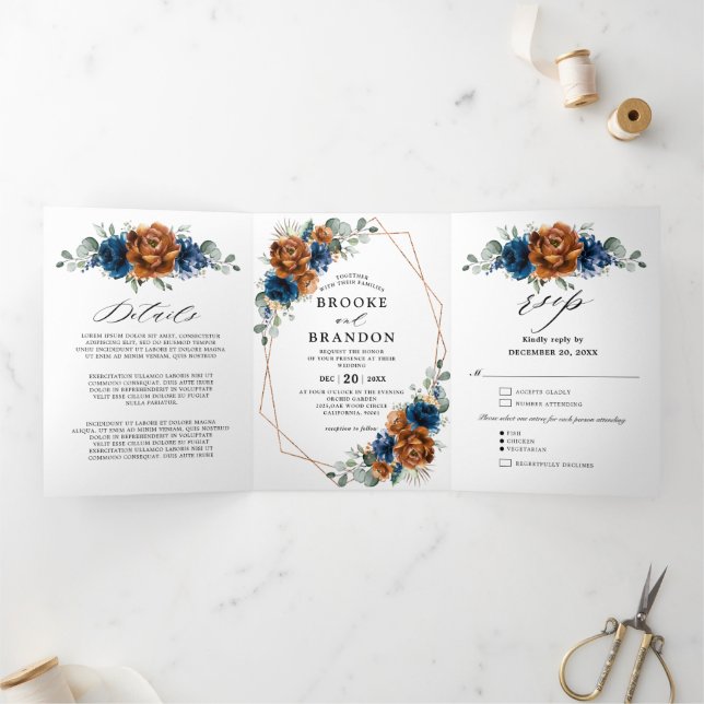 Terracotta Navy Blue Greenery Geometric Wedding Dreifach-gefaltete Programmkarte (Innenseite)
