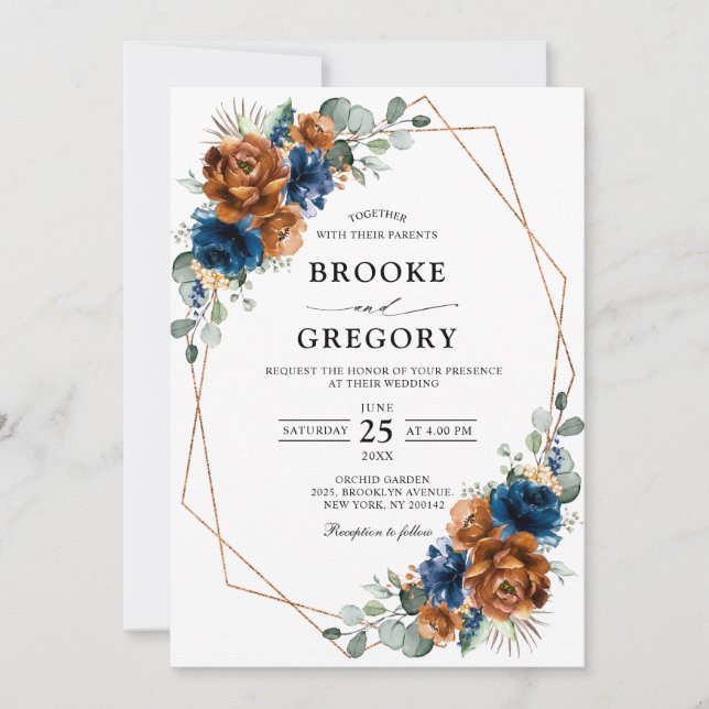 Terracotta Navy Blue Greenery Geometric Wedding Einladung (Vorderseite)