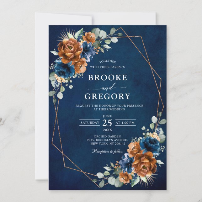 Terracotta Navy Blue Greenery Geometric Wedding in Einladung (Vorderseite)