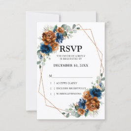Terracotta Navy Blue Greenery Geometric Wedding RSVP Karte