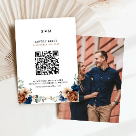 Terracotta Navy Blue Greenery Geometric Wedding RSVP Karte