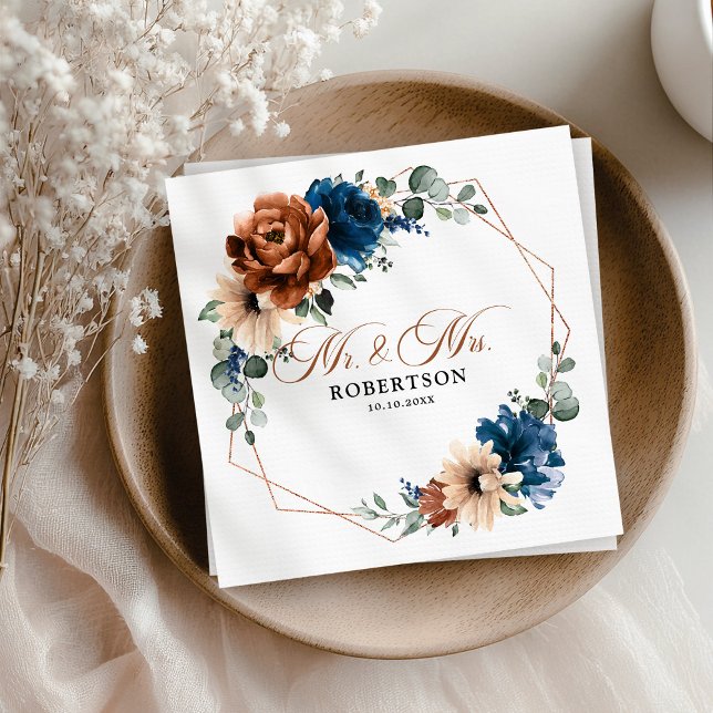 Terracotta Navy Blue Greenery Geometric Wedding Serviette (Terracotta Navy Blue Greenery Geometric Wedding Mr. and Mrs.  Napkins)
