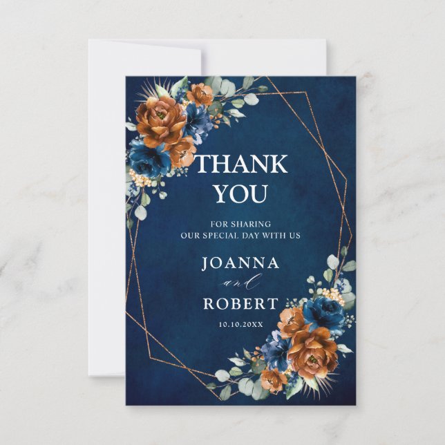 Terracotta Navy Blue Greenery Geometric Wedding Th Dankeskarte (Vorderseite)