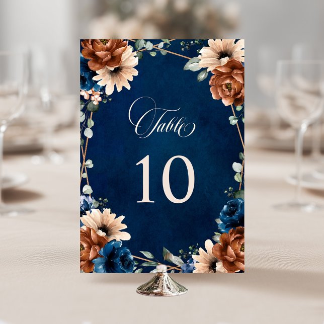 Terracotta Navy Blue Greenery Geometric Wedding Tischnummer (Terracotta Navy Blue Greenery Geometric Wedding Table Number)