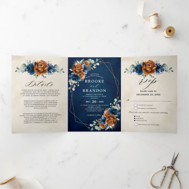 Terracotta Navy Blue Greenery Geometric Wedding Tr Dreifach-gefaltete Programmkarte (Innenseite)