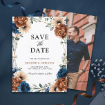 Terracotta Navy Blue Greenery Save the Date<br><div class="desc">Elegant Navy Blau,  Terracotta,  Orange erthy Blumen Thema Hochzeit speichern die Dattelkarte mit eleganten Bouquet von Navy Blau,  Terracotta Rose Pfannkuchen und grünen eucalyptus Blätter. Bitte kontaktieren Sie mich für Hilfe bei der Anpassung oder wenn Sie ein anderes Produkt mit diesem Design benötigen.</div>