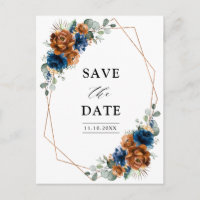 Terracotta Navy Blue Greenery Save the Date