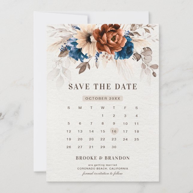 Terracotta Navy Blue Pampas Grass Rustikale Hochze Save The Date (Vorderseite)
