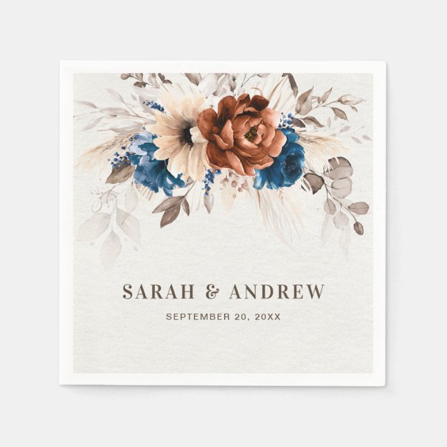 Terracotta Navy Blue Pampas Grass Rustikale Hochze Serviette (Vorderseite)