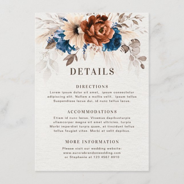 Terracotta Navy Blue Pampas Grass Wedding Details Begleitkarte (Vorderseite)