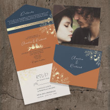 Terracotta Navy Blue Wedding alle in einer Einladu