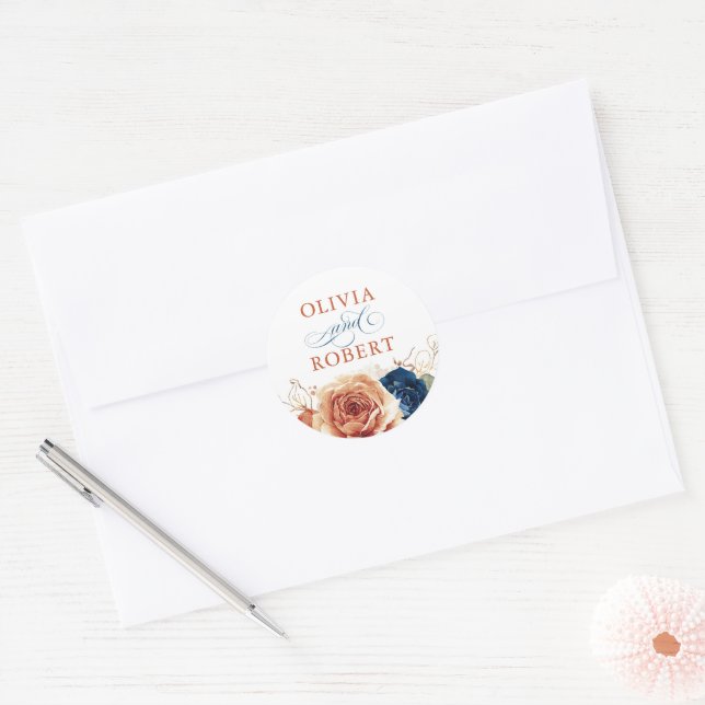 Terracotta Navy Blue Wedding Modern Floral Boho Runder Aufkleber (Umschlag)