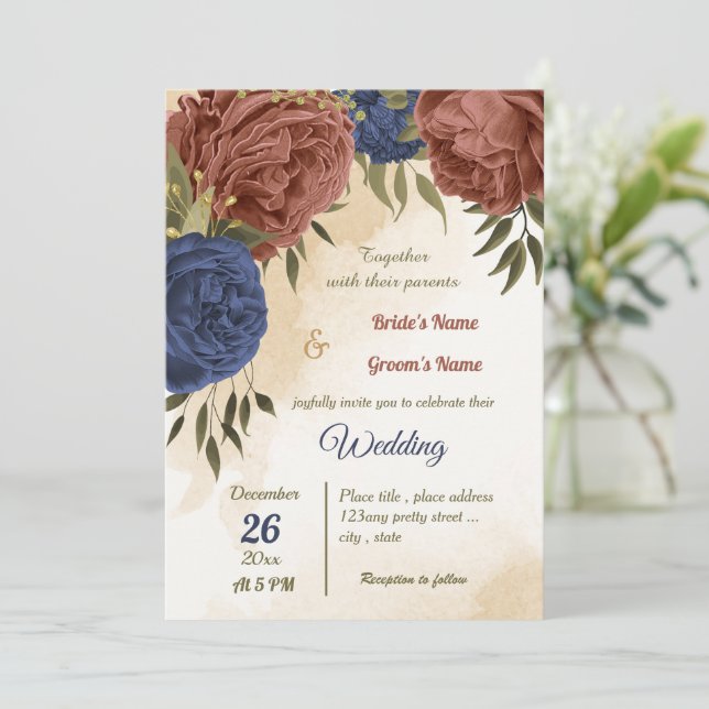 Terracotta navy blühende grüne Hochzeit Einladung (Stehend Vorderseite)