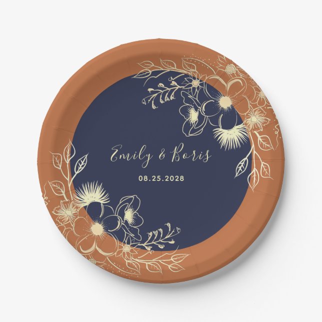 Terracotta Navy Floral Wedding Pappteller (Vorderseite)