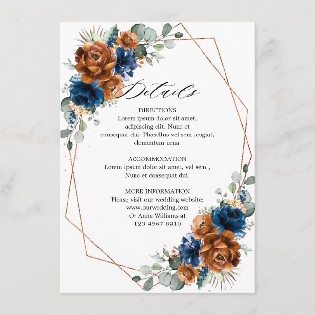 Terracotta Navy Geometric Wedding Details Begleitkarte (Vorderseite)