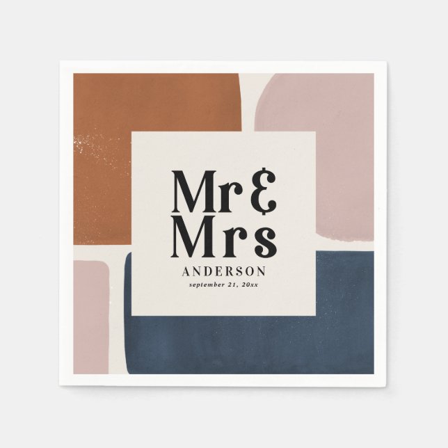 Terracotta navy Mr & Mrs. moderne malerische Hochz Serviette (Vorderseite)