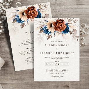 Terracotta Navy Pampas Grass All in One Wedding Einladung