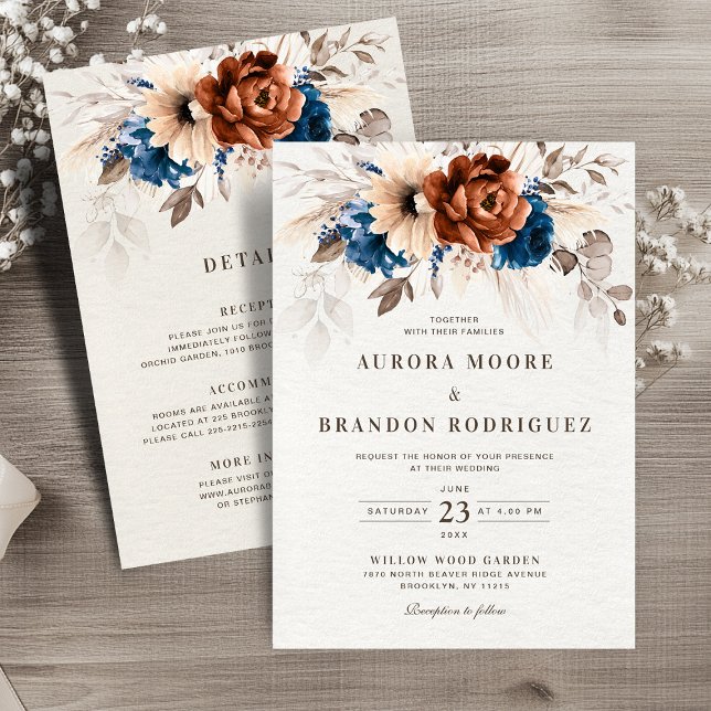 Terracotta Navy Pampas Grass All in One Wedding Einladung (Terracotta Navy Pampas Grass All in One Details Wedding Invitation)