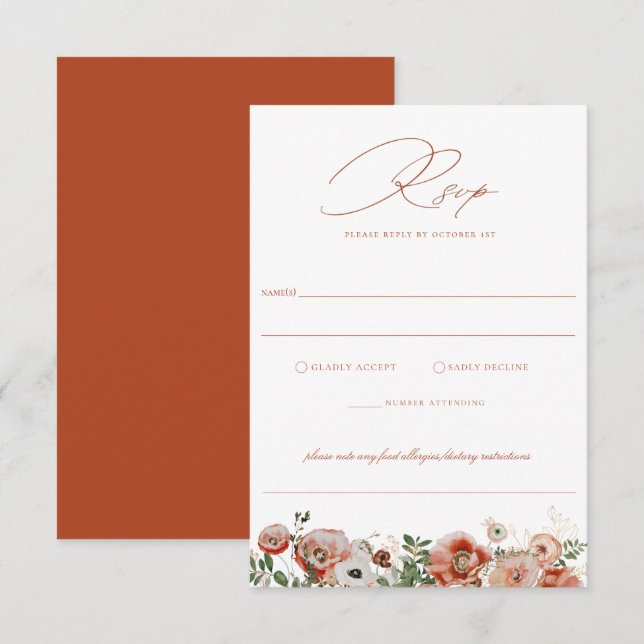 Terracotta Orange Automne Mariage Floral RSVP (Devant / Derrière)