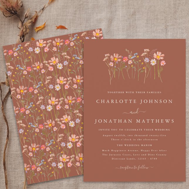 Terracotta Orange Beige Fall Wildblume Hochzeit Einladung (Boho fall Wildflower floral beige terracotta Wedding invitation Watercolor garden meadow flowers )